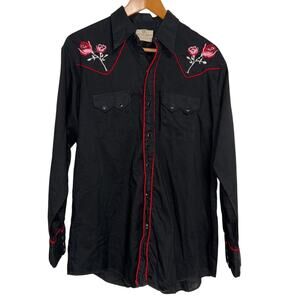 Vintage 80s Dee Cee Brand Black Western Shirt Red Embroidery Size L